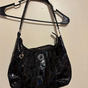 Brighton Black Patent Leather Shoulder Bag Y2K Hobo Purse Silver Charm